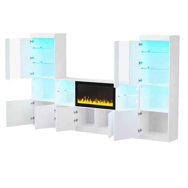 Modern TV Stand with LED Lights for 75 inch TV, Media Console Table with Tempered Glass Shelves and Non-heating Fireplace