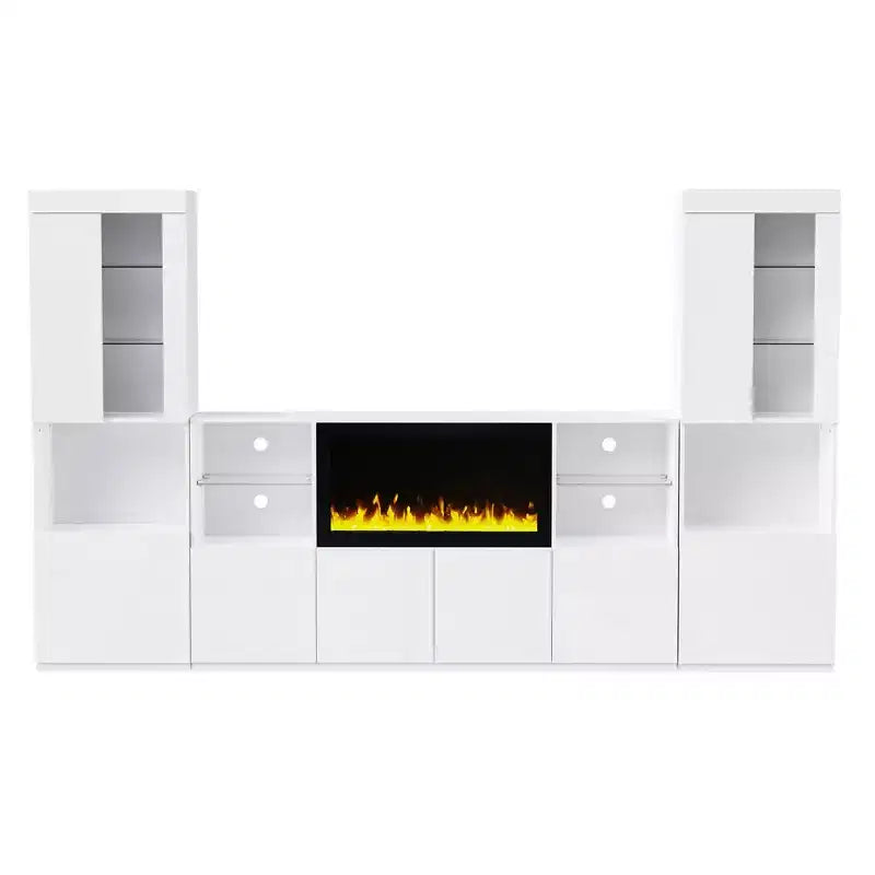 Modern TV Stand with LED Lights for 75 inch TV, Media Console Table with Tempered Glass Shelves and Non-heating Fireplace