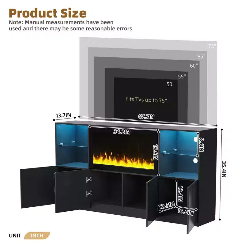 Modern TV Stand with LED Lights for 75 inch TV, Media Console Table with Tempered Glass Shelves and Non-heating Fireplace