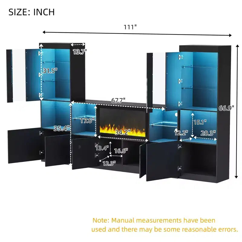 Modern TV Stand with LED Lights for 75 inch TV, Media Console Table with Tempered Glass Shelves and Non-heating Fireplace
