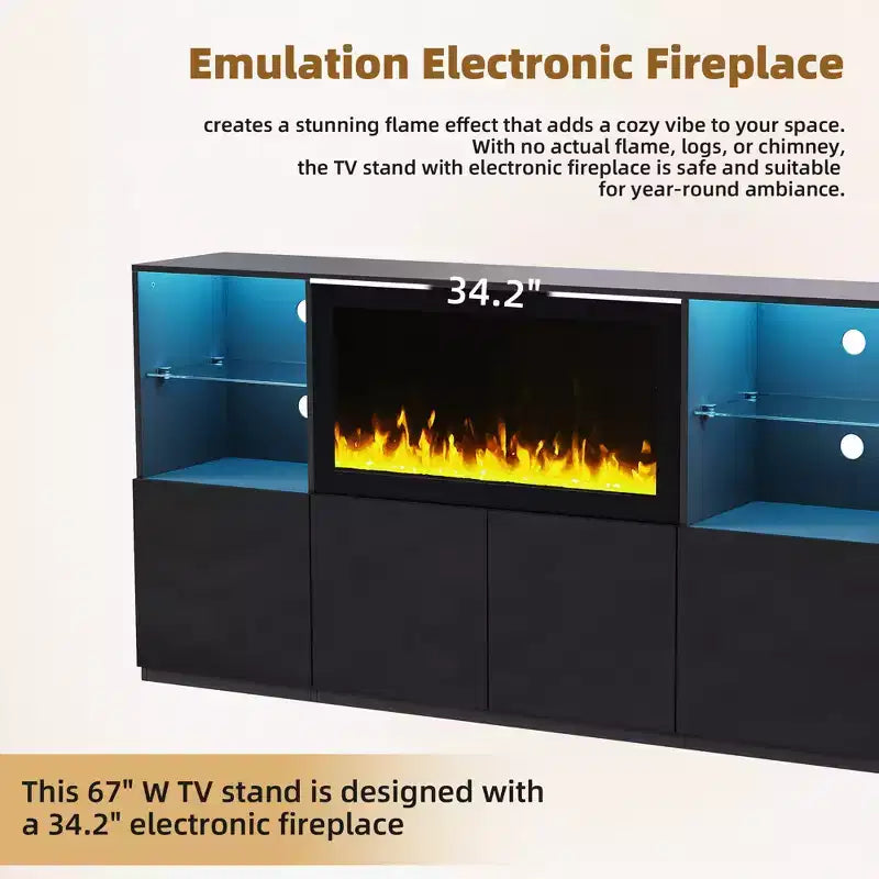 Modern TV Stand with LED Lights for 75 inch TV, Media Console Table with Tempered Glass Shelves and Non-heating Fireplace