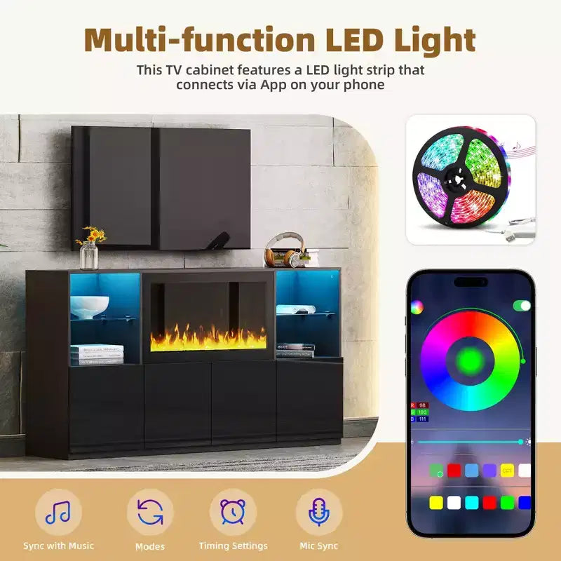 Modern TV Stand with LED Lights for 75 inch TV, Media Console Table with Tempered Glass Shelves and Non-heating Fireplace