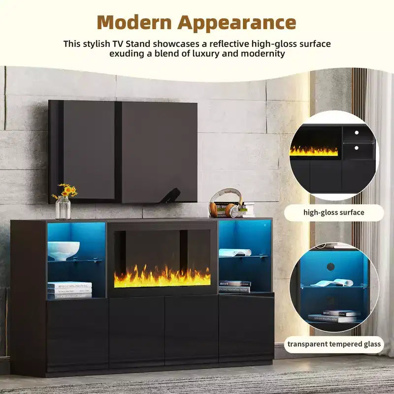 Modern TV Stand with LED Lights for 75 inch TV, Media Console Table with Tempered Glass Shelves and Non-heating Fireplace