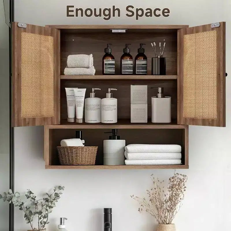 Wall Cabinet Rattan Boho Chic Over Toilet Storage 3 - Tier Wall Mount Double - Door Bathroom Kitchen Dining Room Living Room