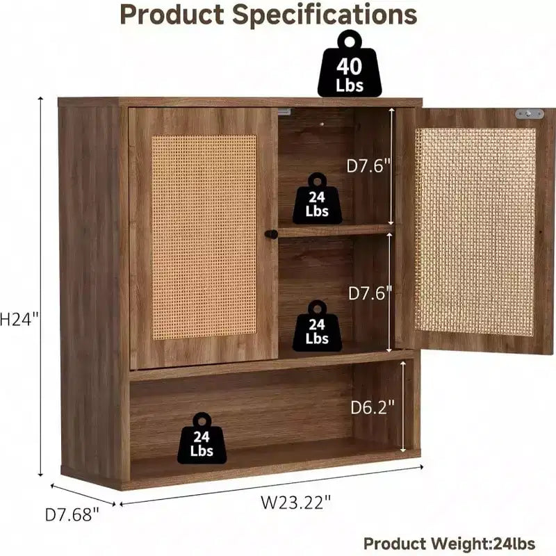 Wall Cabinet Rattan Boho Chic Over Toilet Storage 3 - Tier Wall Mount Double - Door Bathroom Kitchen Dining Room Living Room