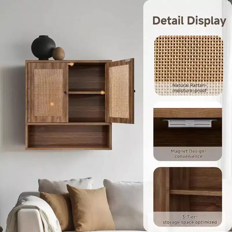 Wall Cabinet Rattan Boho Chic Over Toilet Storage 3 - Tier Wall Mount Double - Door Bathroom Kitchen Dining Room Living Room
