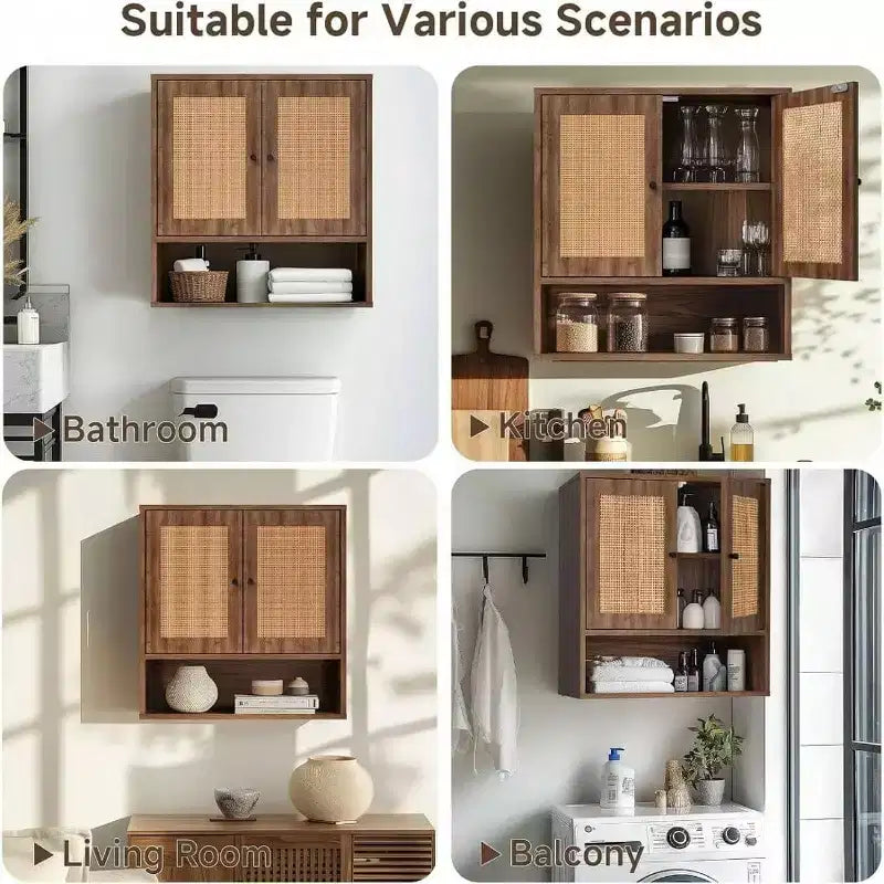 Wall Cabinet Rattan Boho Chic Over Toilet Storage 3 - Tier Wall Mount Double - Door Bathroom Kitchen Dining Room Living Room