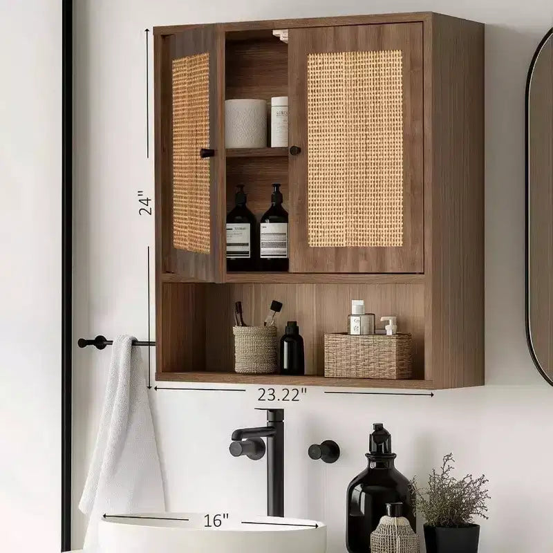 Wall Cabinet Rattan Boho Chic Over Toilet Storage 3 - Tier Wall Mount Double - Door Bathroom Kitchen Dining Room Living Room