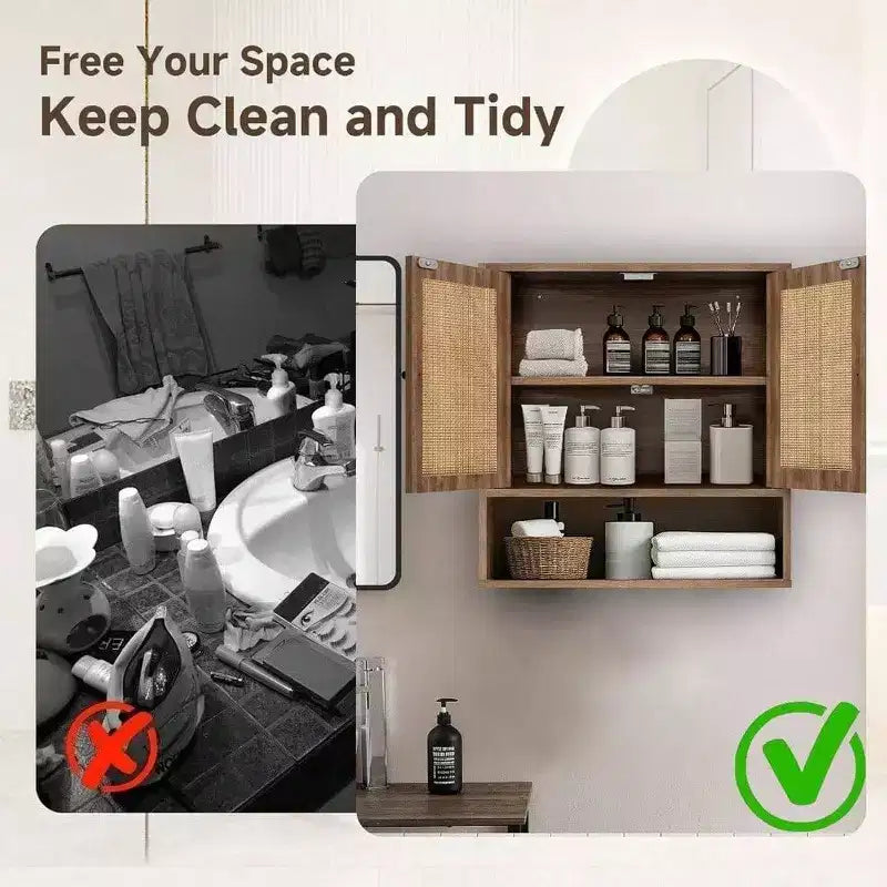 Wall Cabinet Rattan Boho Chic Over Toilet Storage 3 - Tier Wall Mount Double - Door Bathroom Kitchen Dining Room Living Room