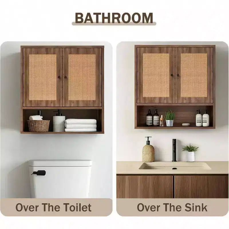 Wall Cabinet Rattan Boho Chic Over Toilet Storage 3 - Tier Wall Mount Double - Door Bathroom Kitchen Dining Room Living Room