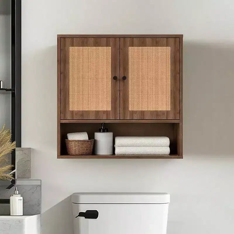 Wall Cabinet Rattan Boho Chic Over Toilet Storage 3 - Tier Wall Mount Double - Door Bathroom Kitchen Dining Room Living Room