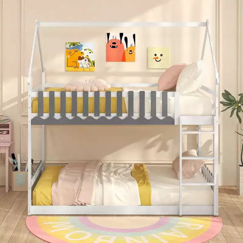 Twin Over Twin Bunk Bed with Fence & Ladder, Solid Wood Floor Bunk Bed for Kids, White
