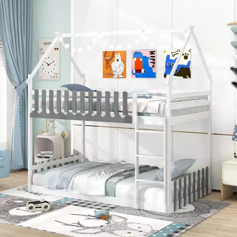 Twin Over Twin Bunk Bed with Fence & Ladder, Solid Wood Floor Bunk Bed for Kids, White