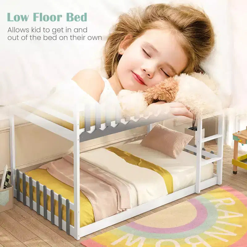 Twin Over Twin Bunk Bed with Fence & Ladder, Solid Wood Floor Bunk Bed for Kids, White