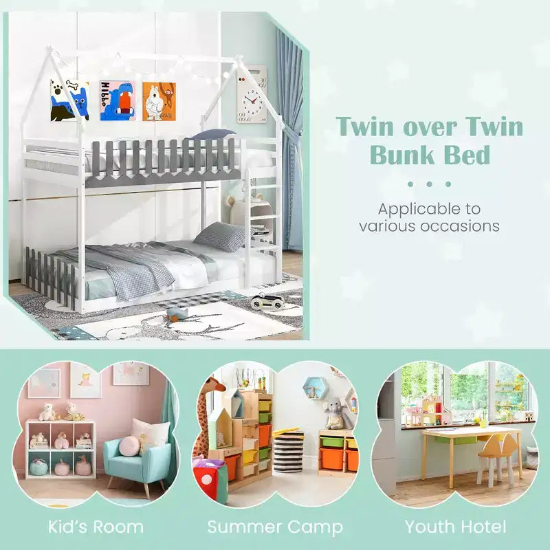 Twin Over Twin Bunk Bed with Fence & Ladder, Solid Wood Floor Bunk Bed for Kids, White