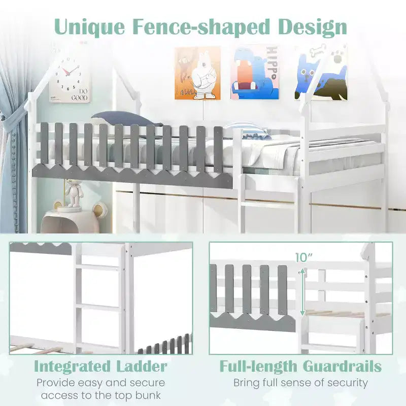 Twin Over Twin Bunk Bed with Fence & Ladder, Solid Wood Floor Bunk Bed for Kids, White