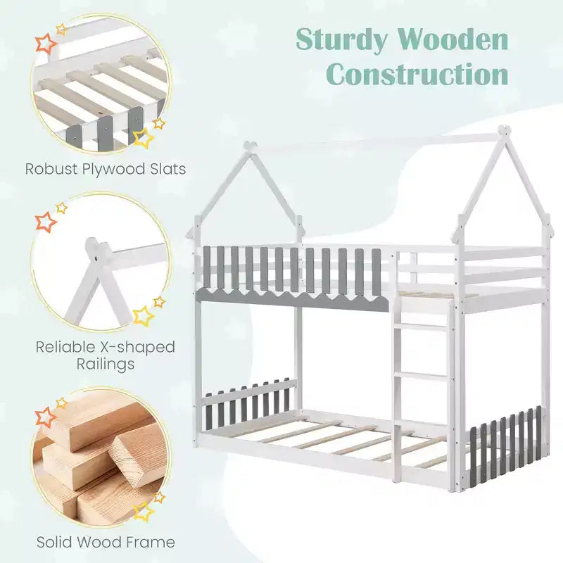Twin Over Twin Bunk Bed with Fence & Ladder, Solid Wood Floor Bunk Bed for Kids, White