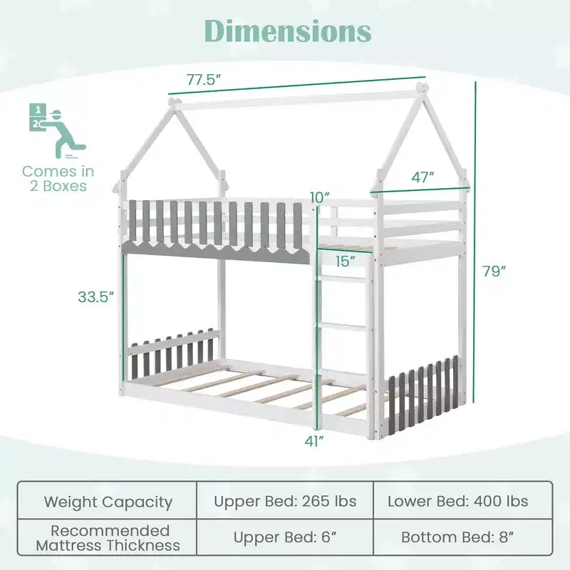 Twin Over Twin Bunk Bed with Fence & Ladder, Solid Wood Floor Bunk Bed for Kids, White