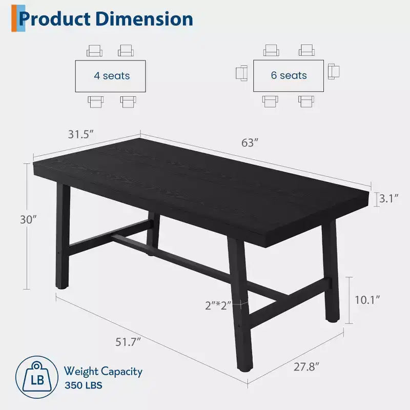 Industrial Dining Table with Metal Frame, Long Kitchen Table for Dining Room or Kitchen