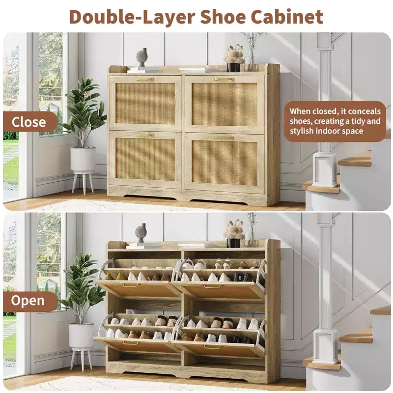 Rattan Shoe Storage Cabinet with 4 Flip Drawers, Hidden Shoe Storage Organizer, Wide Freestanding Wood Breathable Shoe Rack Cabinet