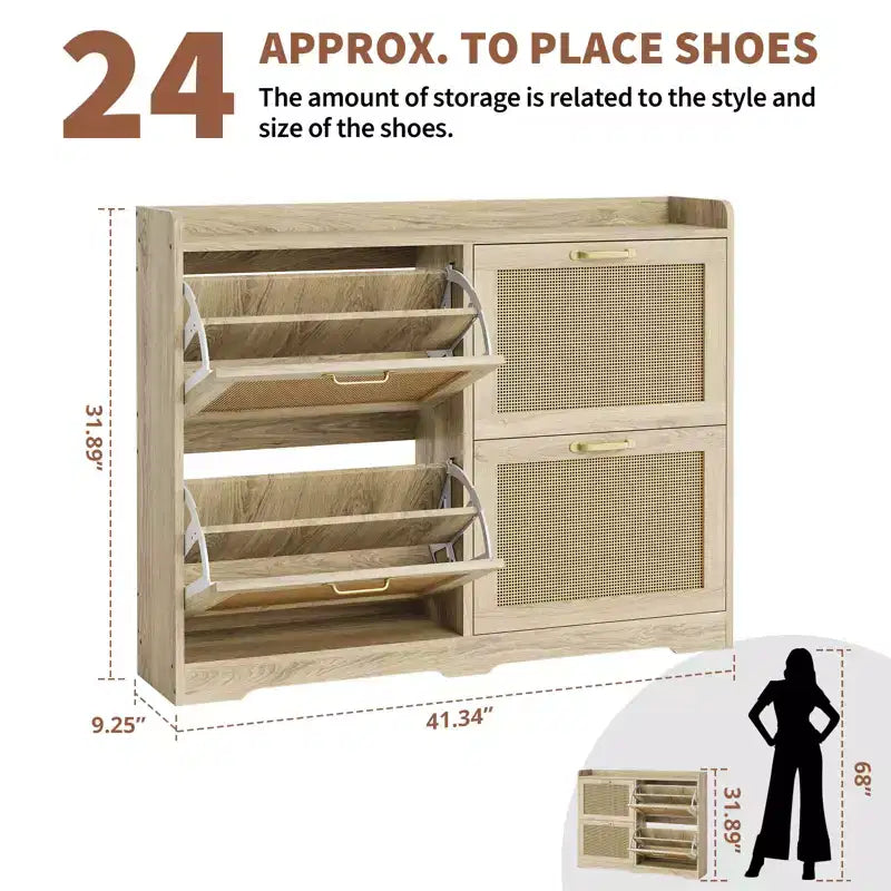 Rattan Shoe Storage Cabinet with 4 Flip Drawers, Hidden Shoe Storage Organizer, Wide Freestanding Wood Breathable Shoe Rack Cabinet