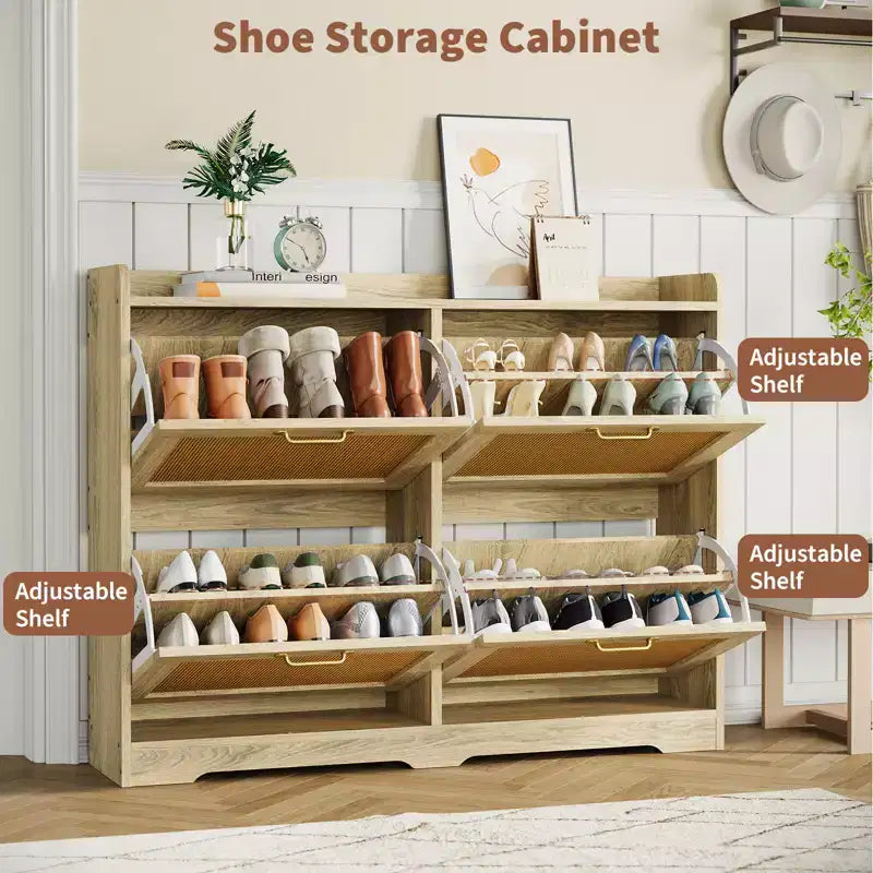 Rattan Shoe Storage Cabinet with 4 Flip Drawers, Hidden Shoe Storage Organizer, Wide Freestanding Wood Breathable Shoe Rack Cabinet