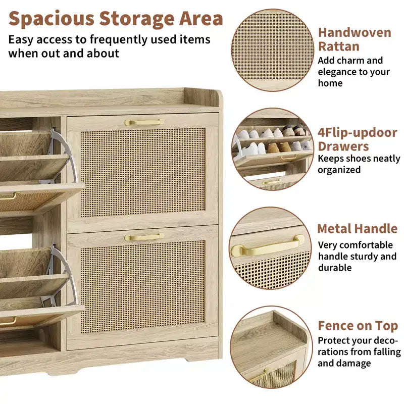 Rattan Shoe Storage Cabinet with 4 Flip Drawers, Hidden Shoe Storage Organizer, Wide Freestanding Wood Breathable Shoe Rack Cabinet