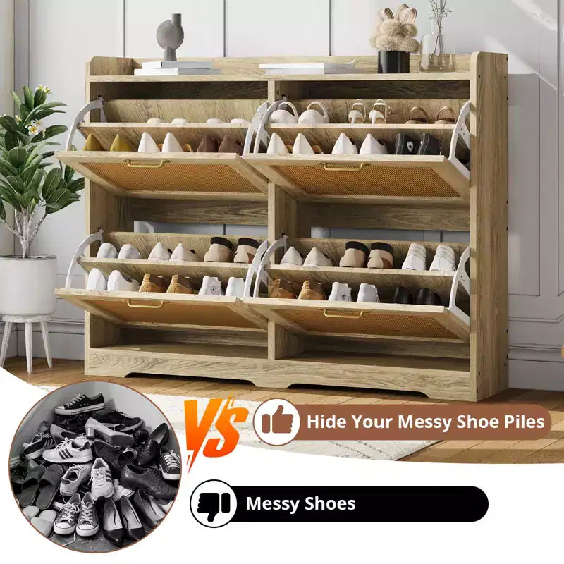 Rattan Shoe Storage Cabinet with 4 Flip Drawers, Hidden Shoe Storage Organizer, Wide Freestanding Wood Breathable Shoe Rack Cabinet