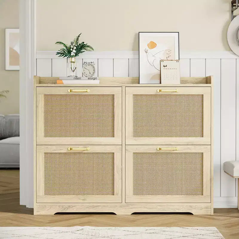 Rattan Shoe Storage Cabinet with 4 Flip Drawers, Hidden Shoe Storage Organizer, Wide Freestanding Wood Breathable Shoe Rack Cabinet