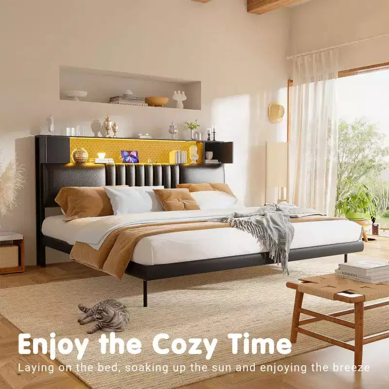 Storage Headboard with Charging Station and LED Light