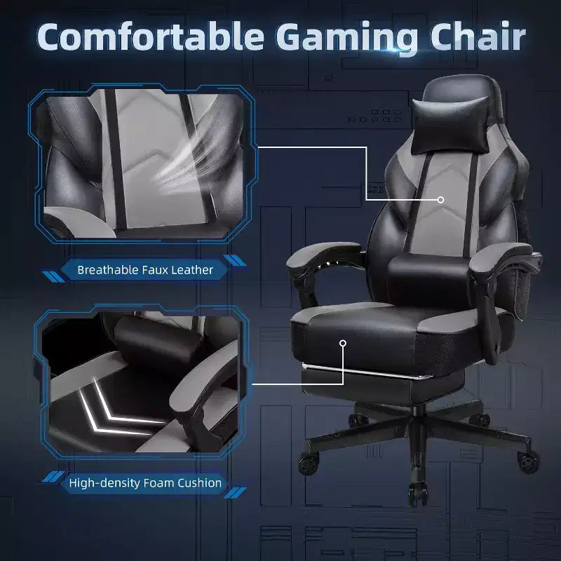 Gaming Chair for Adults with Footrest, High Back, Massage Lumbar Support, 360 Swivel Height Adjustable Computer Chair