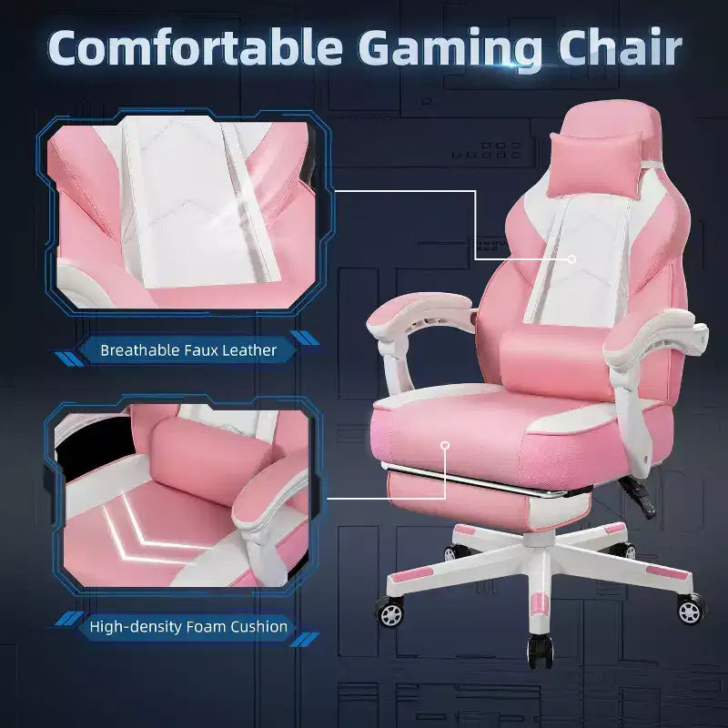 Gaming Chair for Adults with Footrest, High Back, Massage Lumbar Support, 360 Swivel Height Adjustable Computer Chair