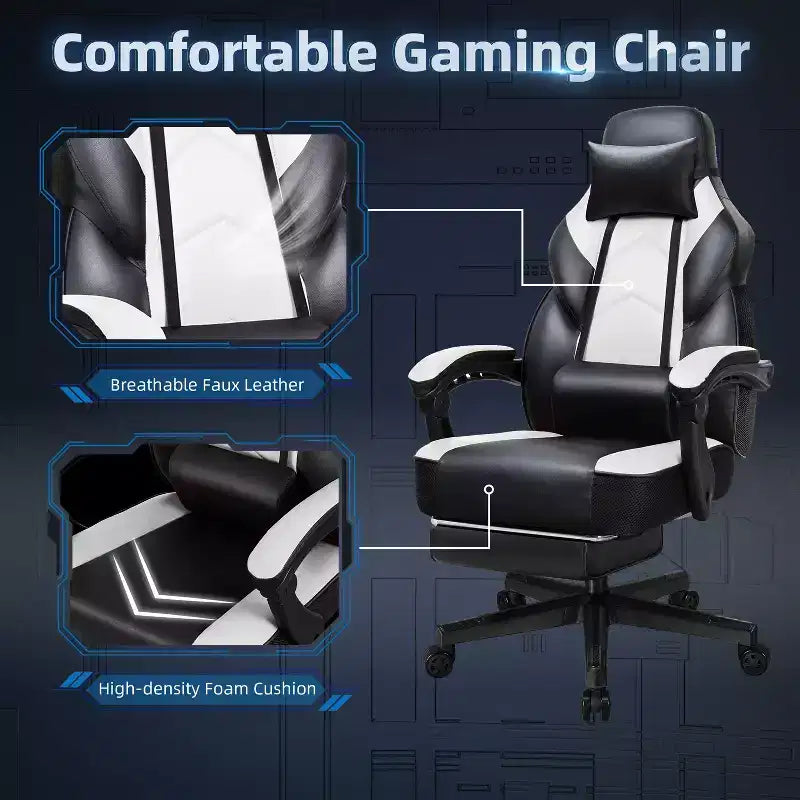 Gaming Chair for Adults with Footrest, High Back, Massage Lumbar Support, 360 Swivel Height Adjustable Computer Chair
