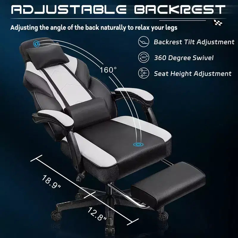Gaming Chair for Adults with Footrest, High Back, Massage Lumbar Support, 360 Swivel Height Adjustable Computer Chair