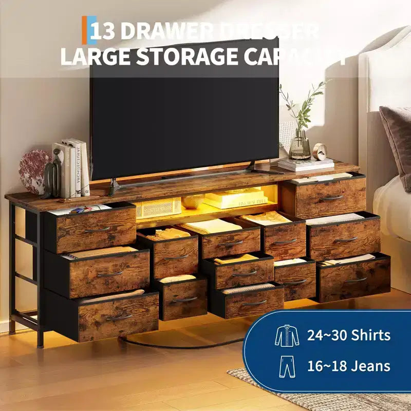 70" Black Dresser with 13 Fabric Drawers & LED Lights, Wide TV Stand Chest with Metal Frame for Bedroom & Living Room