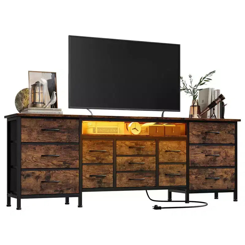 70" Black Dresser with 13 Fabric Drawers & LED Lights, Wide TV Stand Chest with Metal Frame for Bedroom & Living Room