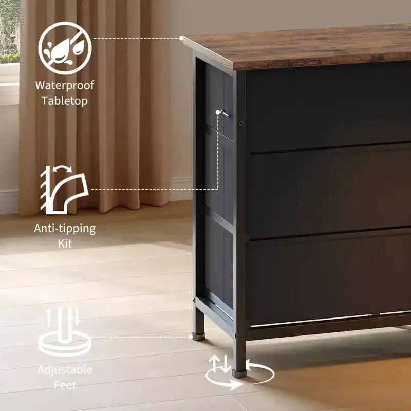 70" Black Dresser with 13 Fabric Drawers & LED Lights, Wide TV Stand Chest with Metal Frame for Bedroom & Living Room