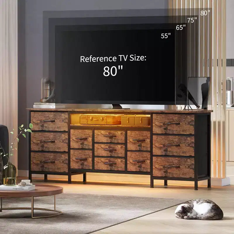 70" Black Dresser with 13 Fabric Drawers & LED Lights, Wide TV Stand Chest with Metal Frame for Bedroom & Living Room