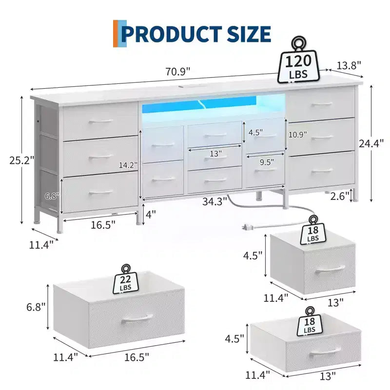 70" Black Dresser with 13 Fabric Drawers & LED Lights, Wide TV Stand Chest with Metal Frame for Bedroom & Living Room