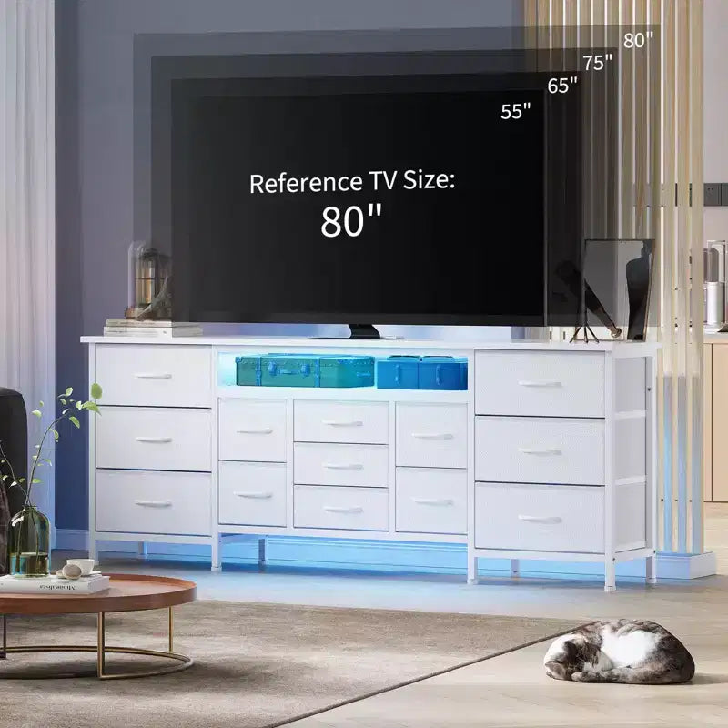 70" Black Dresser with 13 Fabric Drawers & LED Lights, Wide TV Stand Chest with Metal Frame for Bedroom & Living Room