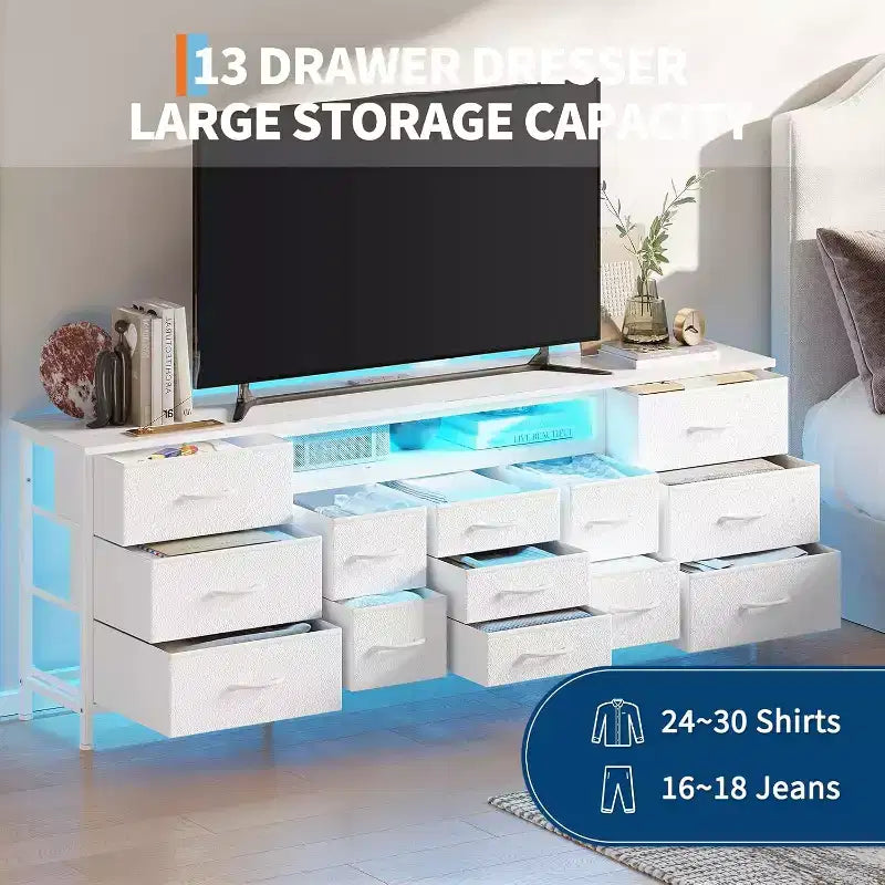 70" Black Dresser with 13 Fabric Drawers & LED Lights, Wide TV Stand Chest with Metal Frame for Bedroom & Living Room