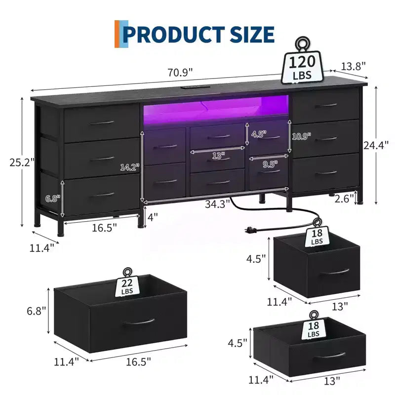 70" Black Dresser with 13 Fabric Drawers & LED Lights, Wide TV Stand Chest with Metal Frame for Bedroom & Living Room