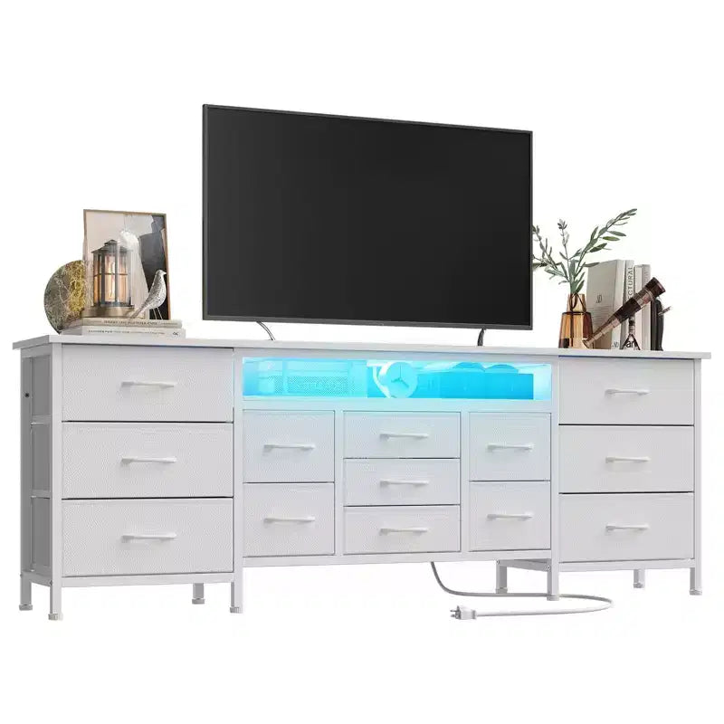 70" Black Dresser with 13 Fabric Drawers & LED Lights, Wide TV Stand Chest with Metal Frame for Bedroom & Living Room