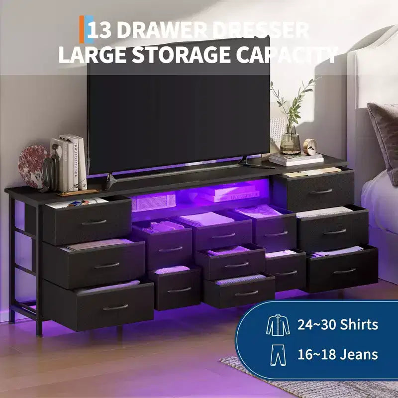 70" Black Dresser with 13 Fabric Drawers & LED Lights, Wide TV Stand Chest with Metal Frame for Bedroom & Living Room