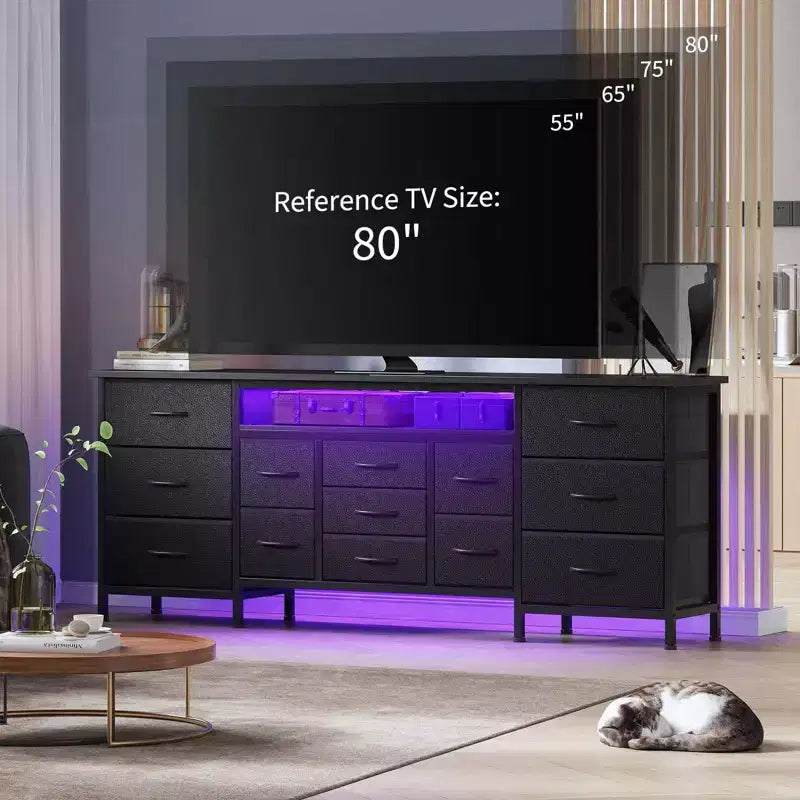 70" Black Dresser with 13 Fabric Drawers & LED Lights, Wide TV Stand Chest with Metal Frame for Bedroom & Living Room