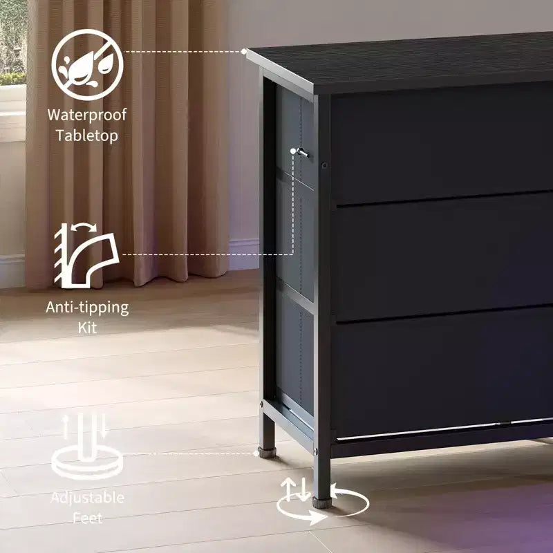70" Black Dresser with 13 Fabric Drawers & LED Lights, Wide TV Stand Chest with Metal Frame for Bedroom & Living Room