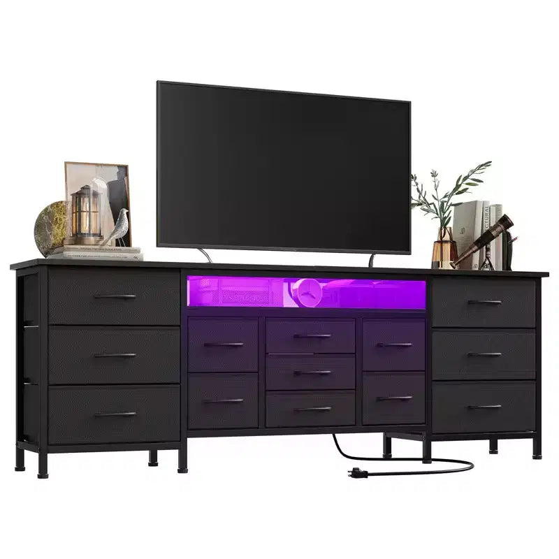 70" Black Dresser with 13 Fabric Drawers & LED Lights, Wide TV Stand Chest with Metal Frame for Bedroom & Living Room