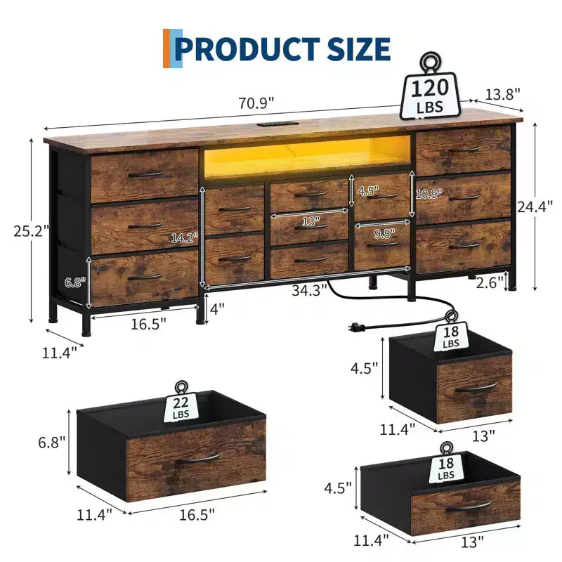 70" Black Dresser with 13 Fabric Drawers & LED Lights, Wide TV Stand Chest with Metal Frame for Bedroom & Living Room