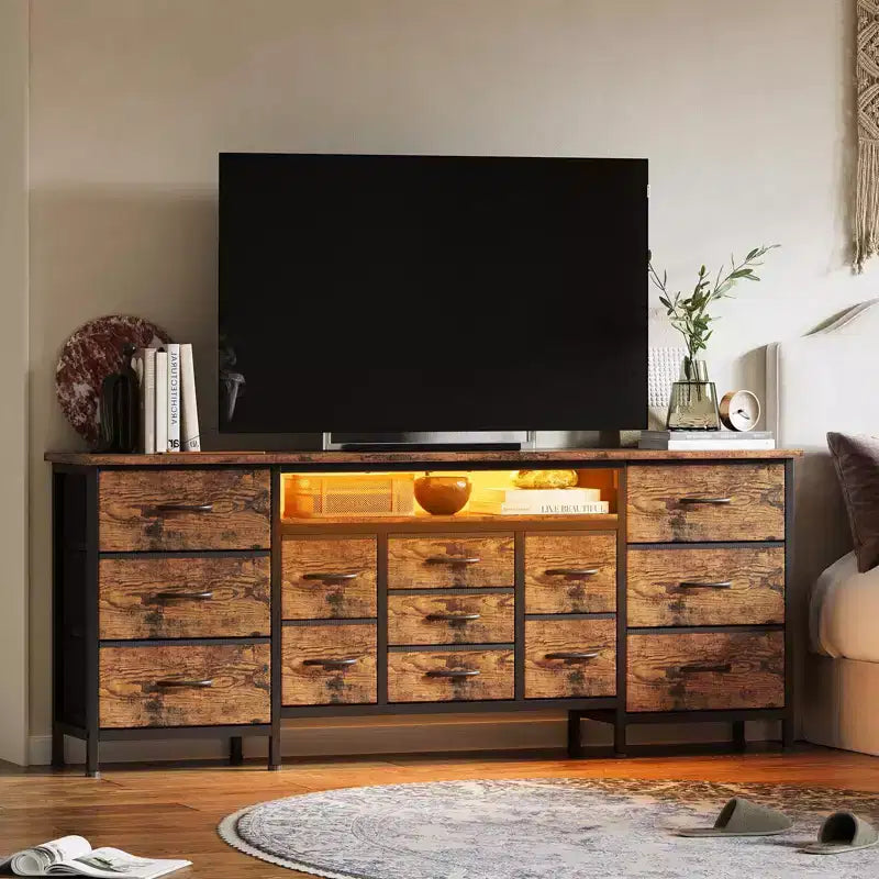 70" Black Dresser with 13 Fabric Drawers & LED Lights, Wide TV Stand Chest with Metal Frame for Bedroom & Living Room