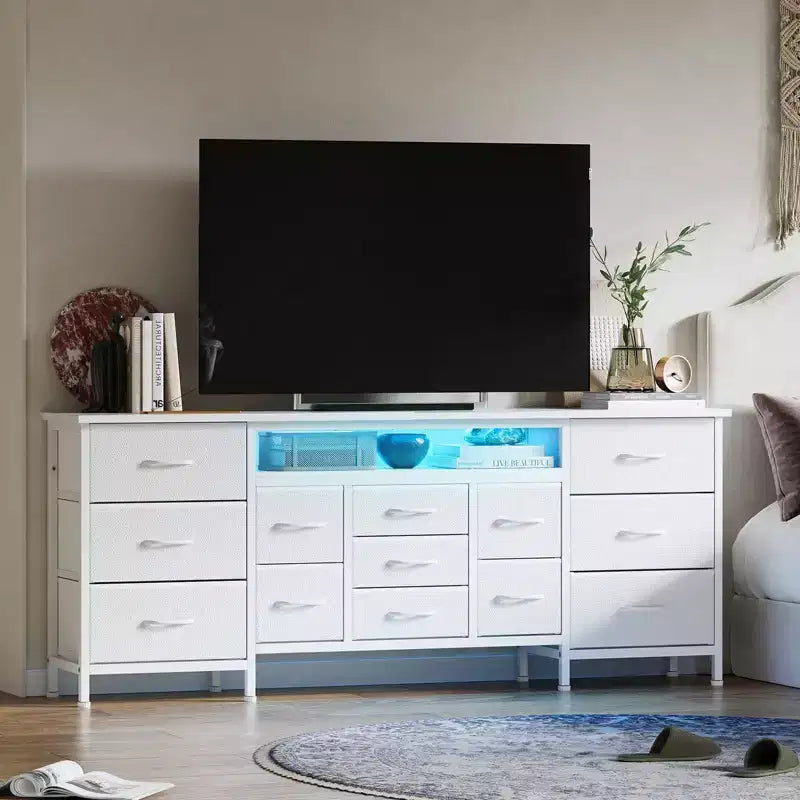 70" Black Dresser with 13 Fabric Drawers & LED Lights, Wide TV Stand Chest with Metal Frame for Bedroom & Living Room